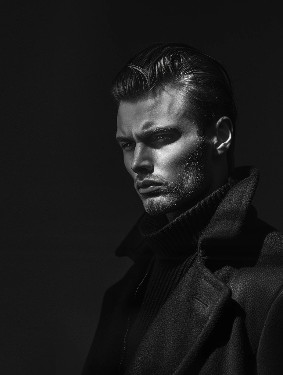 Black and white portrait with dramatic side lighting